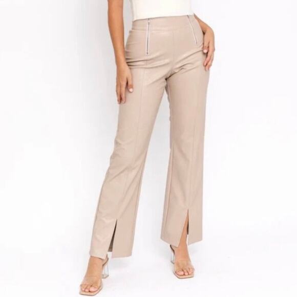 Le Lis Collection Faux Leather Double Zip Split Hem Flare Pants High Waist Beige - Picture 1 of 13